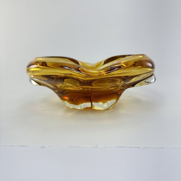 Vintage Amber Art Glass Ashtray Mid Century Modern Claude Lorraine Style - Picture 4 of 11